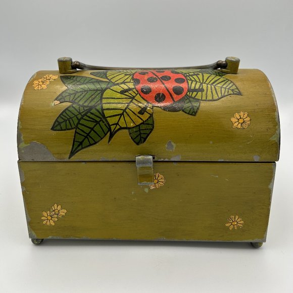 Vintage 1950's Green Metal Box Metal Handle Purse Evening Bag Lady Bug VTG